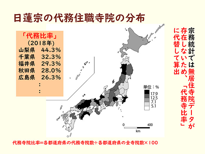 日蓮宗の代務住職寺院の分布